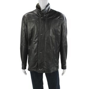 Remy Leather Mens Bomber Jacket Black Leather Snap Closure Size 40